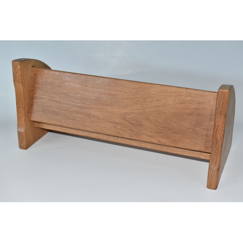 801 - A ROBERT MOUSEMAN THOMPSON OAK BOOK SHELF, single shelf with shaped adzed ends, carved with signatur... 