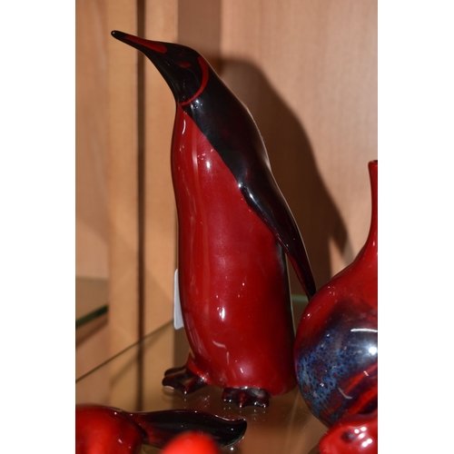 807 - A GROUP OF ROYAL DOULTON FLAMBE VASES AND FIGURES, comprising figures of a penguin, height 15.5cm (s... 