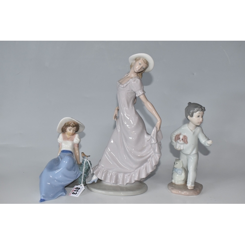 813 - THREE NAO FIGURINES, comprising 'Girl sitting with a bird', (has had noticeable restoration to the n... 
