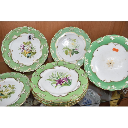 820 - NINE PIECES OF 19TH CENTURY HAND PAINTED DESSERT WARE, comprising comport and eight plates, each pla... 