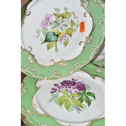 820 - NINE PIECES OF 19TH CENTURY HAND PAINTED DESSERT WARE, comprising comport and eight plates, each pla... 