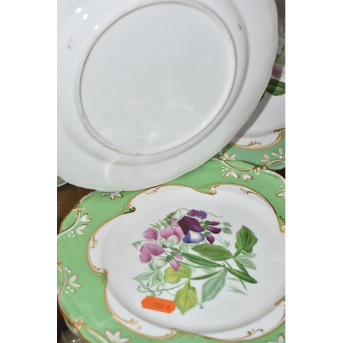820 - NINE PIECES OF 19TH CENTURY HAND PAINTED DESSERT WARE, comprising comport and eight plates, each pla... 
