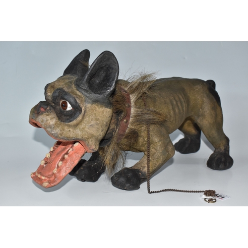 821 - A FRENCH BULLDOG 'GROWLER' TOY, circa 1890-1900, of flocked papier mache construction, with chain le... 