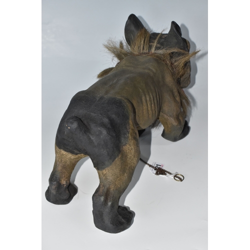 821 - A FRENCH BULLDOG 'GROWLER' TOY, circa 1890-1900, of flocked papier mache construction, with chain le... 