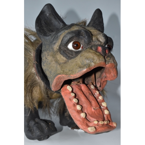 821 - A FRENCH BULLDOG 'GROWLER' TOY, circa 1890-1900, of flocked papier mache construction, with chain le... 