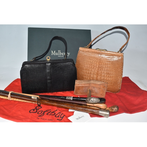 823 - A BOX AND LOOSE HANDBAGS AND WALKING STICKS, to include four walking sticks, including one with silv... 