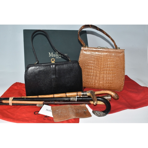 823 - A BOX AND LOOSE HANDBAGS AND WALKING STICKS, to include four walking sticks, including one with silv... 