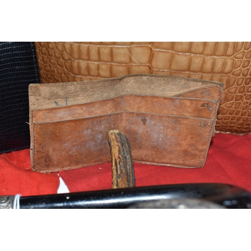 823 - A BOX AND LOOSE HANDBAGS AND WALKING STICKS, to include four walking sticks, including one with silv... 