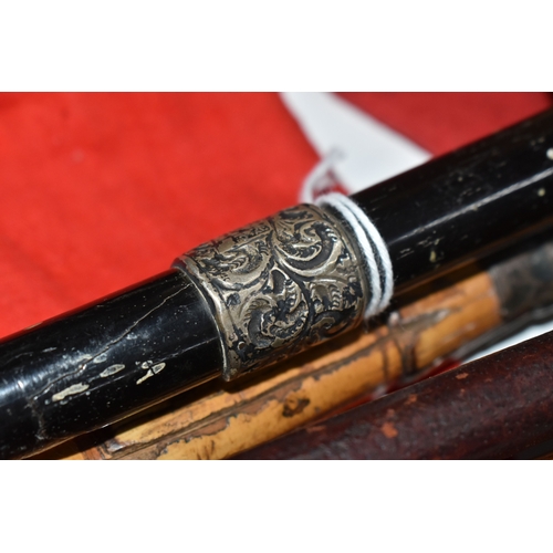 823 - A BOX AND LOOSE HANDBAGS AND WALKING STICKS, to include four walking sticks, including one with silv... 