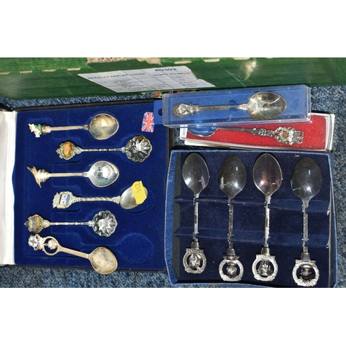 830 - THREE BOXES OF COLLECTORS TEASPOONS with a deconstructed display stand, comprising approximately two... 