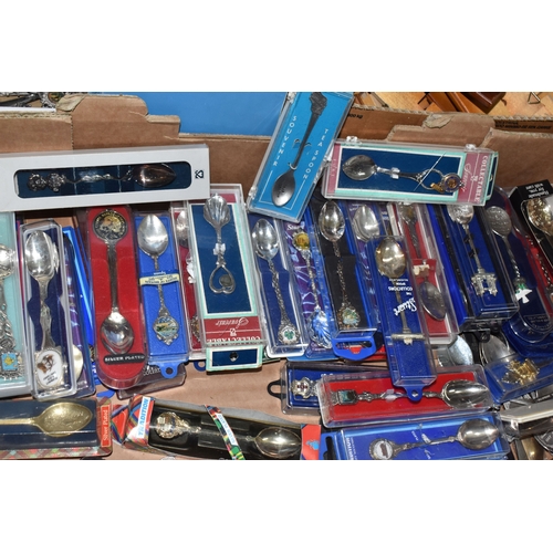 830 - THREE BOXES OF COLLECTORS TEASPOONS with a deconstructed display stand, comprising approximately two... 