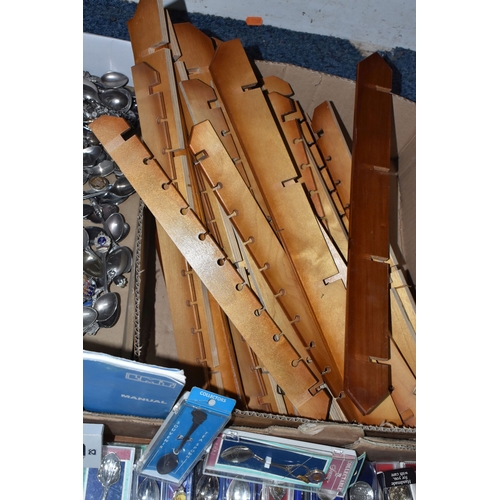 830 - THREE BOXES OF COLLECTORS TEASPOONS with a deconstructed display stand, comprising approximately two... 