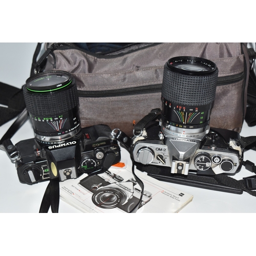 835 - TWO OLYMPUS CAMERAS, comprising an Olympus OM-2 fitted with a Sirius f3.5-4.5 28-70mm lens, and an O... 