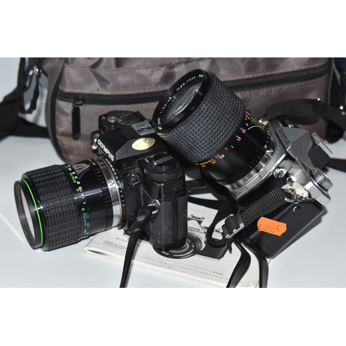 835 - TWO OLYMPUS CAMERAS, comprising an Olympus OM-2 fitted with a Sirius f3.5-4.5 28-70mm lens, and an O... 