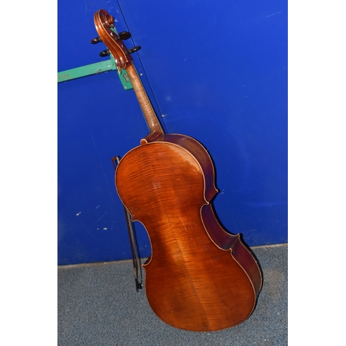 838 - A CELLO AND HORSE HAIR BOW, both by unknown maker (2) (Condition report: both are in need of restora... 