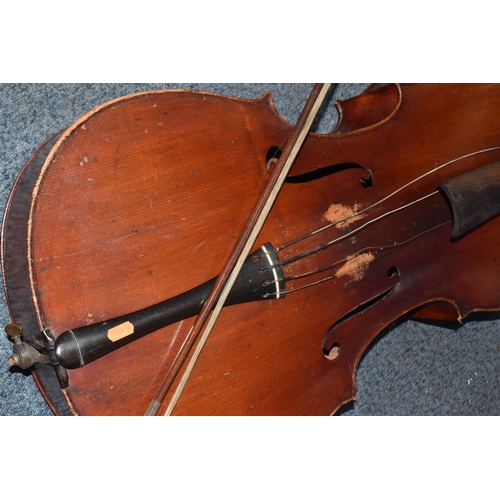 838 - A CELLO AND HORSE HAIR BOW, both by unknown maker (2) (Condition report: both are in need of restora... 