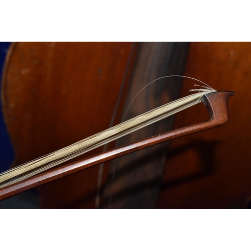 838 - A CELLO AND HORSE HAIR BOW, both by unknown maker (2) (Condition report: both are in need of restora... 