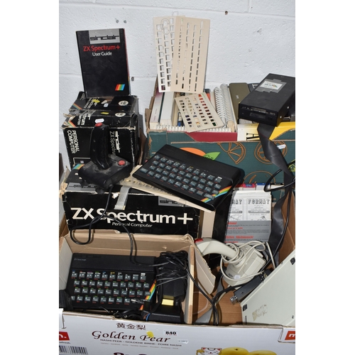 840 - THREE BOXES AND LOOSE OF VINTAGE COMPUTING EQUIPMENT to include two boxed ZX Spectrums and a boxed Z... 