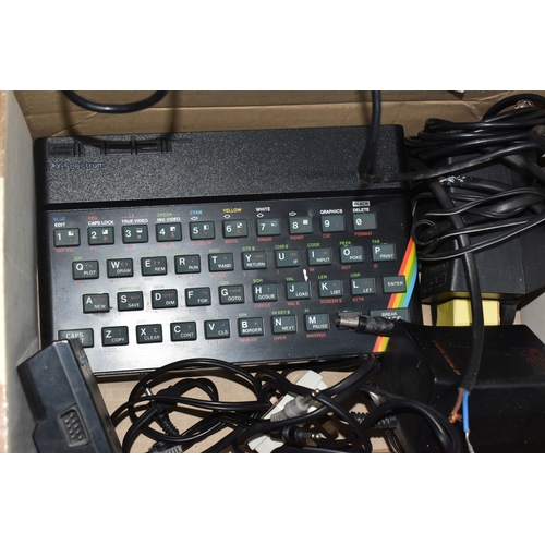 840 - THREE BOXES AND LOOSE OF VINTAGE COMPUTING EQUIPMENT to include two boxed ZX Spectrums and a boxed Z... 