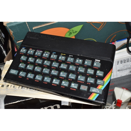 840 - THREE BOXES AND LOOSE OF VINTAGE COMPUTING EQUIPMENT to include two boxed ZX Spectrums and a boxed Z... 