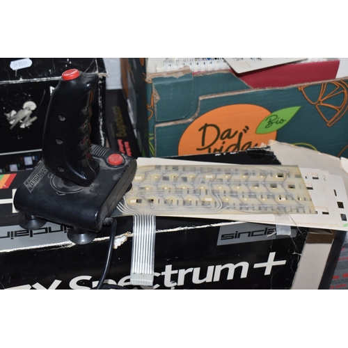840 - THREE BOXES AND LOOSE OF VINTAGE COMPUTING EQUIPMENT to include two boxed ZX Spectrums and a boxed Z... 
