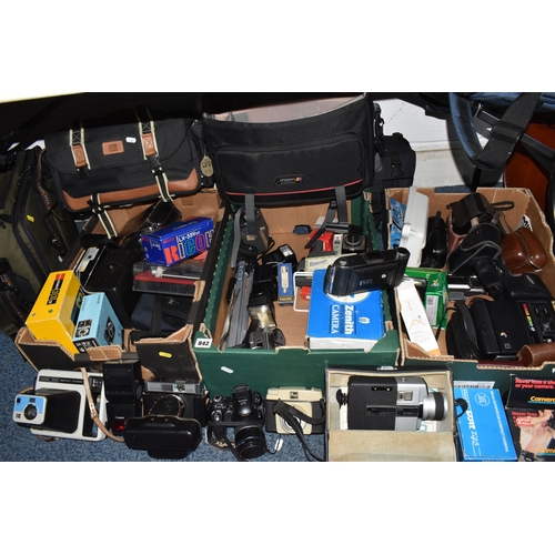 842 - THREE BOXES AND LOOSE OF VINTAGE CAMERA EQUIPMENT to include a Kodak EK-160 EF Instant Camera, Splas... 