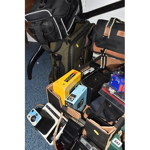 842 - THREE BOXES AND LOOSE OF VINTAGE CAMERA EQUIPMENT to include a Kodak EK-160 EF Instant Camera, Splas... 