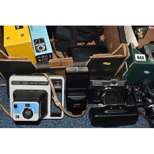 842 - THREE BOXES AND LOOSE OF VINTAGE CAMERA EQUIPMENT to include a Kodak EK-160 EF Instant Camera, Splas... 