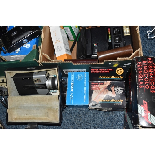 842 - THREE BOXES AND LOOSE OF VINTAGE CAMERA EQUIPMENT to include a Kodak EK-160 EF Instant Camera, Splas... 