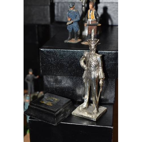 799 - A GROUP OF METAL VINTAGE SOLDIER FIGURES, comprising sixteen miniature silver plated Royal Hampshire... 