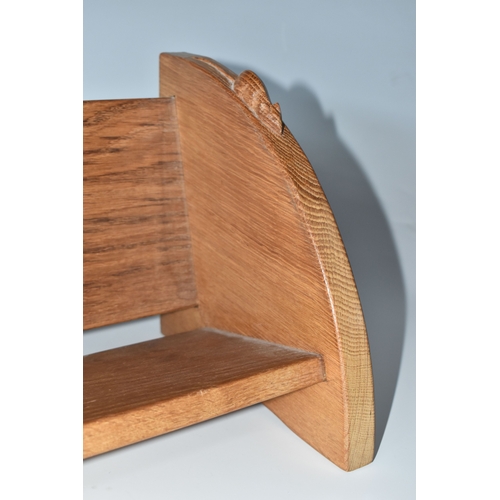 801 - A ROBERT MOUSEMAN THOMPSON OAK BOOK SHELF, single shelf with shaped adzed ends, carved with signatur... 