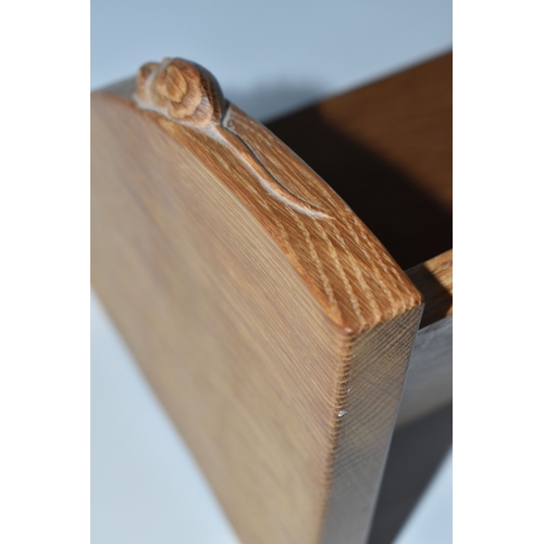 801 - A ROBERT MOUSEMAN THOMPSON OAK BOOK SHELF, single shelf with shaped adzed ends, carved with signatur... 