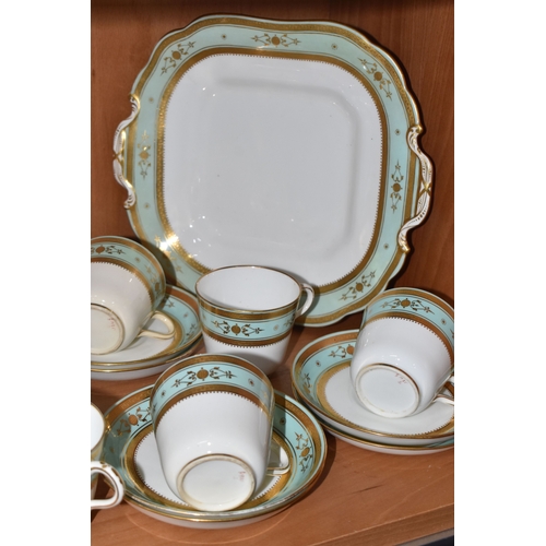 804 - A GROUP OF CERAMIC TEAWARE, comprising 19th-century Minton moulded handle cake plate, nine tea cups,... 