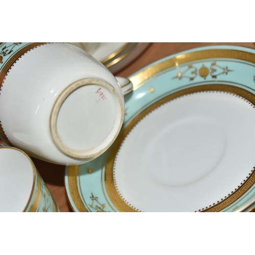 804 - A GROUP OF CERAMIC TEAWARE, comprising 19th-century Minton moulded handle cake plate, nine tea cups,... 