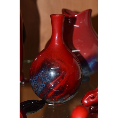 807 - A GROUP OF ROYAL DOULTON FLAMBE VASES AND FIGURES, comprising figures of a penguin, height 15.5cm (s... 