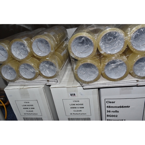 819 - THREE BOXES AND TWO PACKS OF CLEAR PACKAGING TAPE, each box or pack containing thirty six rolls of t... 