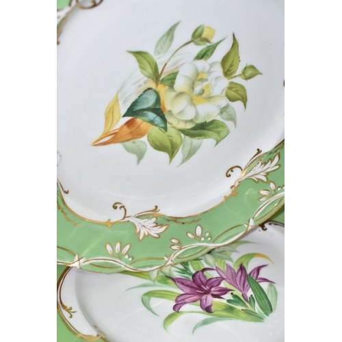 820 - NINE PIECES OF 19TH CENTURY HAND PAINTED DESSERT WARE, comprising comport and eight plates, each pla... 