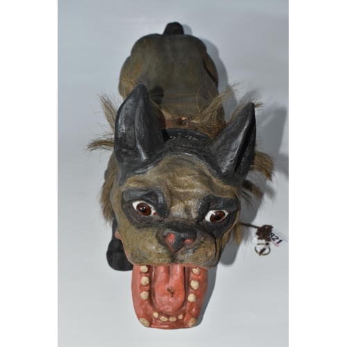 821 - A FRENCH BULLDOG 'GROWLER' TOY, circa 1890-1900, of flocked papier mache construction, with chain le... 