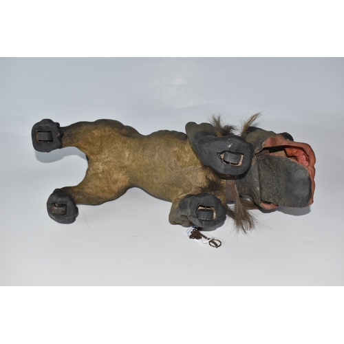 821 - A FRENCH BULLDOG 'GROWLER' TOY, circa 1890-1900, of flocked papier mache construction, with chain le... 