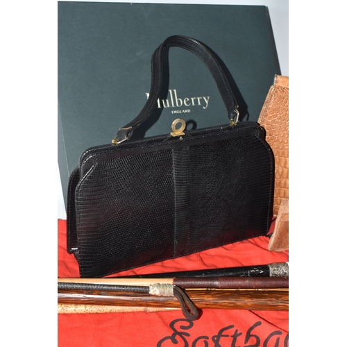 823 - A BOX AND LOOSE HANDBAGS AND WALKING STICKS, to include four walking sticks, including one with silv... 