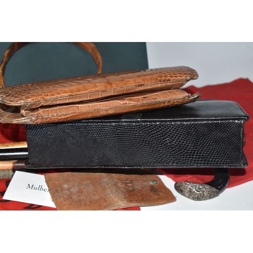 823 - A BOX AND LOOSE HANDBAGS AND WALKING STICKS, to include four walking sticks, including one with silv... 