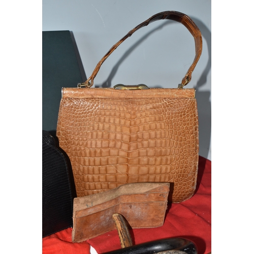 823 - A BOX AND LOOSE HANDBAGS AND WALKING STICKS, to include four walking sticks, including one with silv... 