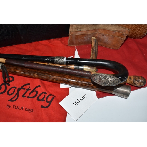 823 - A BOX AND LOOSE HANDBAGS AND WALKING STICKS, to include four walking sticks, including one with silv... 