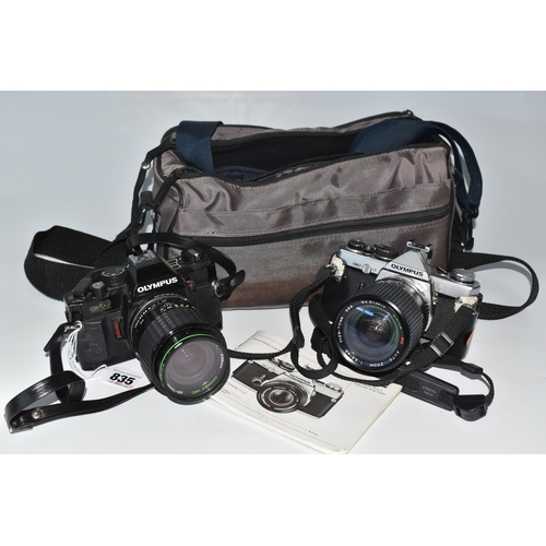 835 - TWO OLYMPUS CAMERAS, comprising an Olympus OM-2 fitted with a Sirius f3.5-4.5 28-70mm lens, and an O... 