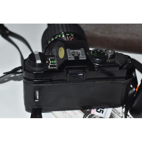 835 - TWO OLYMPUS CAMERAS, comprising an Olympus OM-2 fitted with a Sirius f3.5-4.5 28-70mm lens, and an O... 