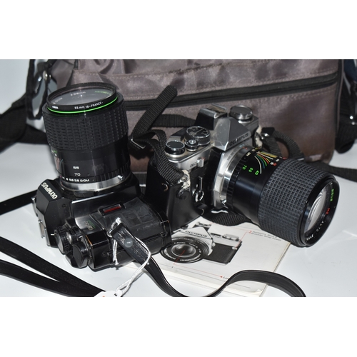 835 - TWO OLYMPUS CAMERAS, comprising an Olympus OM-2 fitted with a Sirius f3.5-4.5 28-70mm lens, and an O... 