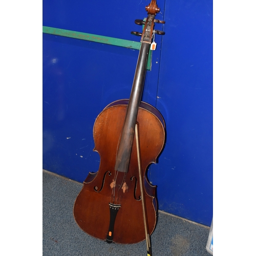 838 - A CELLO AND HORSE HAIR BOW, both by unknown maker (2) (Condition report: both are in need of restora... 