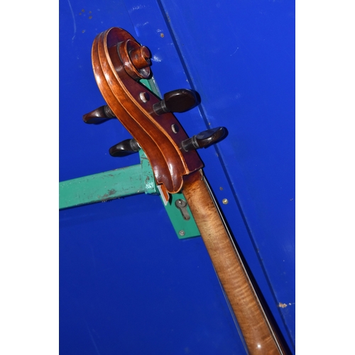 838 - A CELLO AND HORSE HAIR BOW, both by unknown maker (2) (Condition report: both are in need of restora... 