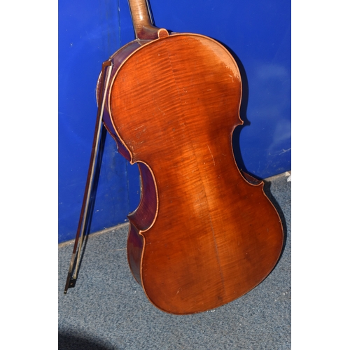838 - A CELLO AND HORSE HAIR BOW, both by unknown maker (2) (Condition report: both are in need of restora... 