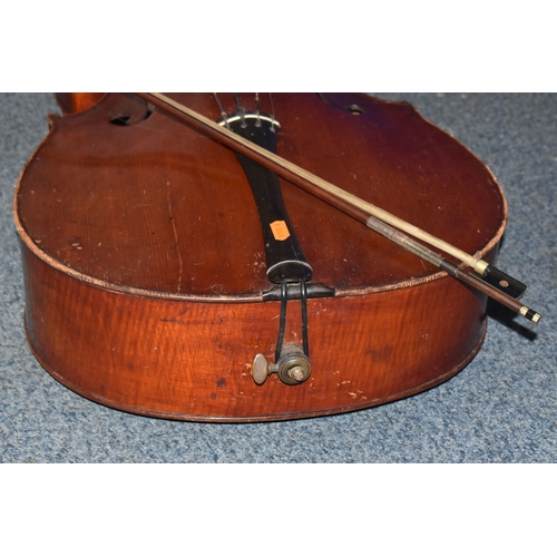 838 - A CELLO AND HORSE HAIR BOW, both by unknown maker (2) (Condition report: both are in need of restora... 